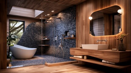 A designer bathroom with a mix of wood and elegant mosaic tiles