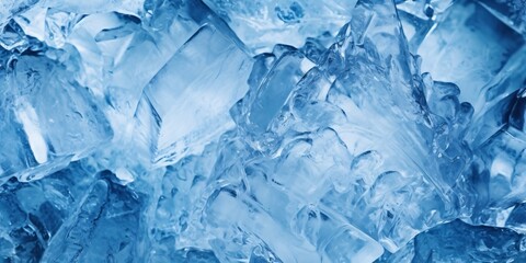 Macro shot of ice cubes. Ice texture in blue tone.  Blue background. . Blue ice crystals close up. Macro shot. Abstract background and texture for design. - obrazy, fototapety, plakaty