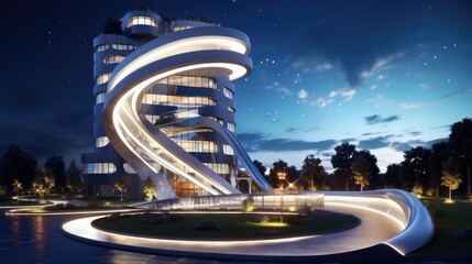 Futuristic building at night. Modern architecture.