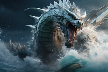 stylized illustration with huge powerful water dragon, ai tools generated image - obrazy, fototapety, plakaty