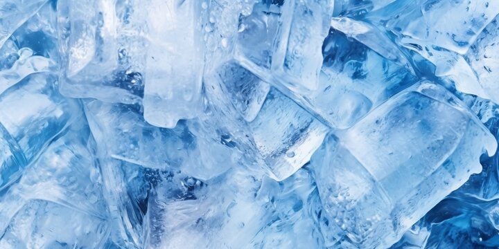 Macro shot of ice cubes. Ice texture in blue tone.  Blue background. . Blue ice crystals close up. Macro shot. Abstract background and texture for design.