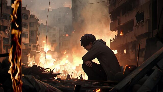 A boy sits on the rubble of a building destroyed by war, Middle East conflict, animation
