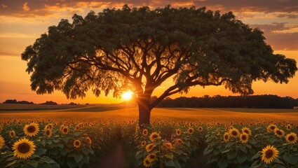 sunset behind the tree in forest