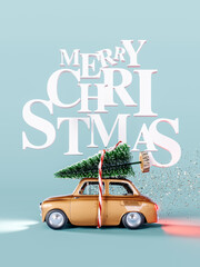 Brown car toy with Christmas tree on the roof. Christmas is here concept on light blue background with white oversized text. 3D Rendering, 3D Illustration
