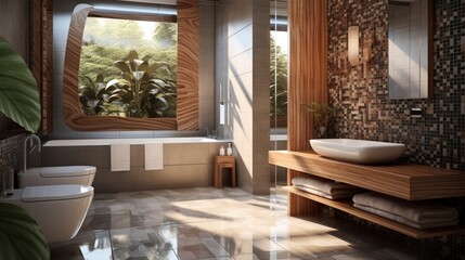 Fototapeta premium A designer bathroom with a mix of wood and elegant mosaic tiles
