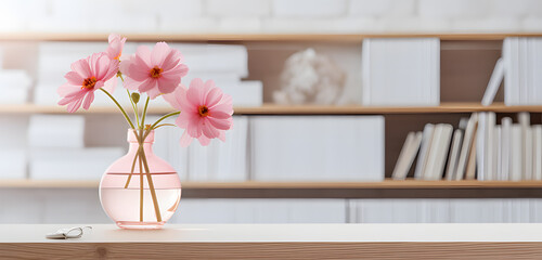 a pink flower sitting in a vase on a table ai generative