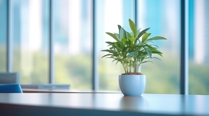 A plant in a pot stands on a table against the background of a window