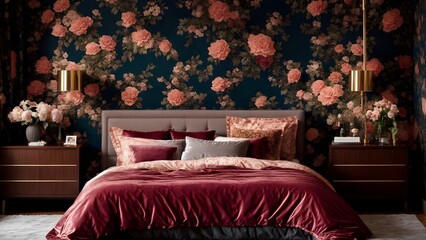  A modern bedroom with a statement wallpaper and velvet bedding