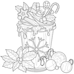 Hot chocolate with Christmas decoration.Coloring book antistress for children and adults. 
