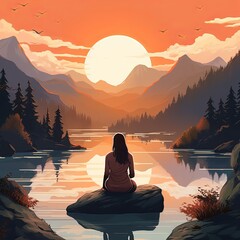 Soothing Mental Well-Being Illustration with Nature and Meditation