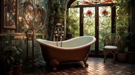 Fototapeta premium A bathroom with a wall of mosaic tiles and a clawfoot bathtub