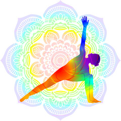 Colorful silhouette of Parshvakonasana. Side Angle pose. Isolated vector illustration on Mandala background.