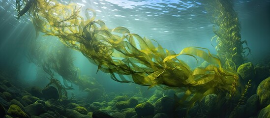 Giant kelp found in the eastern Pacific Ocean from Alaska to Baja California can grow up to two feet daily With copyspace for text - obrazy, fototapety, plakaty