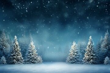 Snowy winter background with Christmas trees, frosty night, and pines covered in hoarfrost. Generative AI