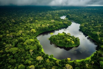 Fototapeta premium Overhead scenery: Peru's lush rainforest and the mesmerizing Amazon. Generative AI
