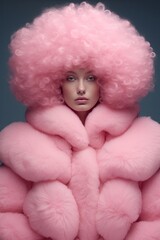 Fototapeta premium A stunning model embraces the winter chill, wrapped in a luxurious pink fur jacket as she cuddles a toy doll in an indoor wonderland of style and grace