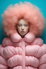 A stunning model with pink puffy hair poses gracefully indoors, donning a luxurious fur jacket, her flawless skin glowing against the wintry backdrop