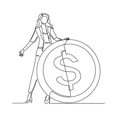 Continuous single line sketch drawing art of business woman with big money coin. Vector illustration one line of loss dollar coins money