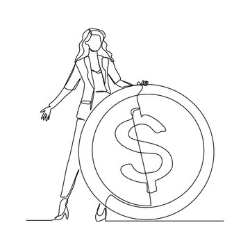 recommend clip art: Continuous single line sketch drawing art of business woman with big money coin. Vector illustration one line of loss dollar coins money
