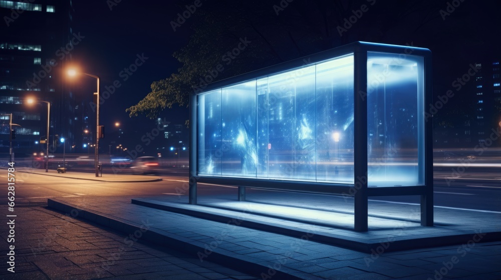 Wall mural blank billboard bus stop night with lights cars passing by. Resolution and high quality beautiful photo