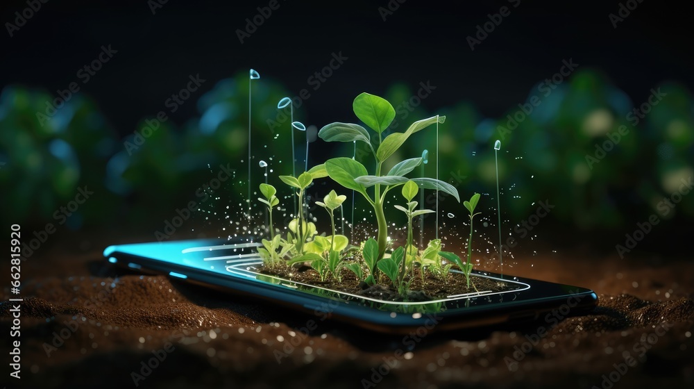 Aufkleber 3d illustration of mobile phone with plant growing data management. digital farming concept isolated
