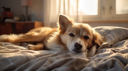 Dog is lying on back on the bed - selective focus