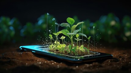 3d illustration of mobile phone with plant growing data management. digital farming concept isolated. digital farm monitoring system.