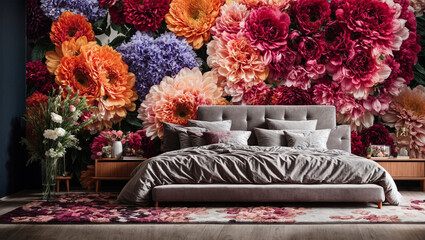 Modern bedroom with elegant floral pattern Colorful flowers 3D art and velvet bedding