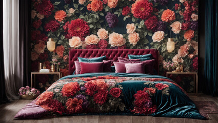 Modern bedroom with elegant floral pattern Colorful flowers 3D art and velvet bedding