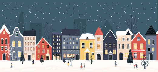 Christmas town border, seamless panoramic scene for seasonal greetings, packaging. Facades of european houses, falling snow and celebrating people. Vector illustration of decorated city. - 662815968