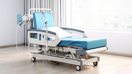 Hospital Bed. Mobile medical Bed under the white background.Electric Variable Height Bed. Medical Equipment.