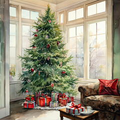 Christmas tree watercolor illustration with gifts