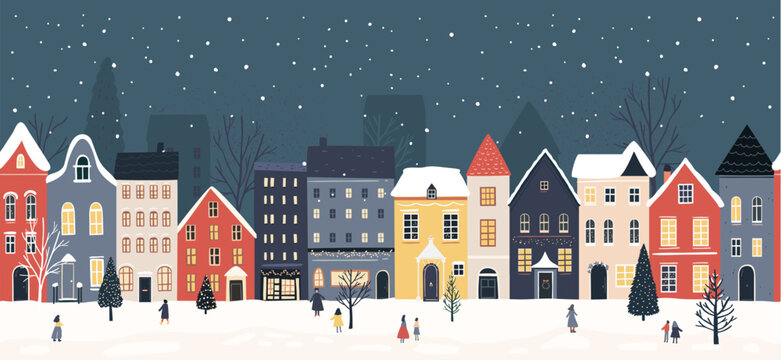 Christmas town border, seamless panoramic scene for seasonal greetings, packaging. Facades of european houses, falling snow and celebrating people. Vector illustration of decorated city.