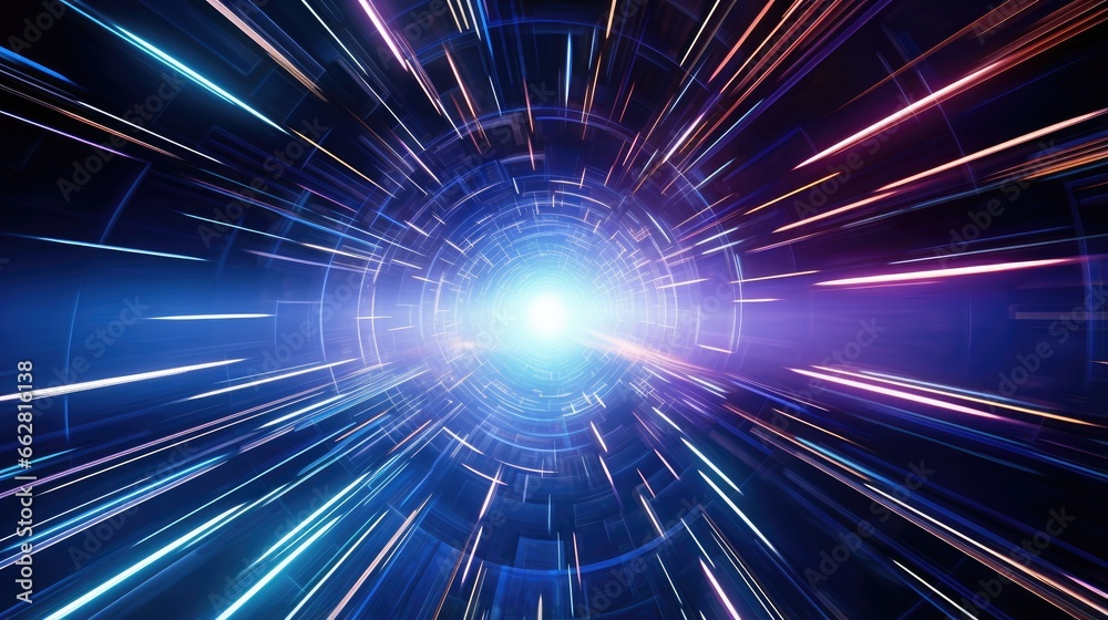 Poster 3d Rendering. Flight in abstract sci-fi tunnel. Futuristic motion graphics, high tech background. Time warp portal, lightspeed hyperspace concept. Glowing hi tech texture. Cyberpunk