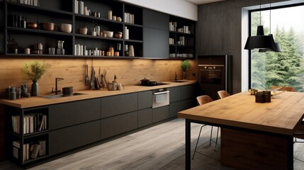 A designer kitchen with a mix of open shelving and closed cabinets - obrazy, fototapety, plakaty