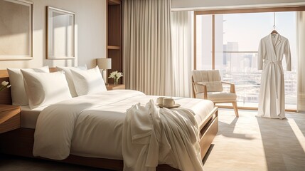 the interior of a luxury hotel room after cleaning white robes folded on the bed concept cleanliness and hospitality - obrazy, fototapety, plakaty