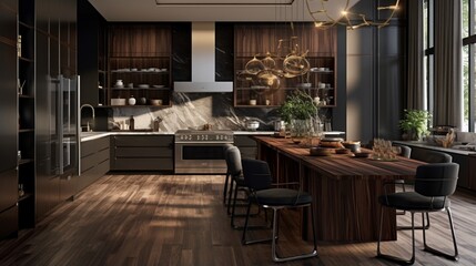 Fototapeta na wymiar A designer kitchen with a mix of dark wood and metallic accents