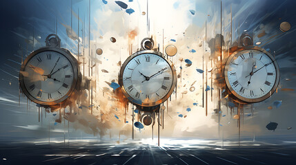 An abstract representation of the concept of time, with clock faces melting and distorting, hourglasses suspended in mid-air, and calendars unraveling, conveying the fluidity and perception of 