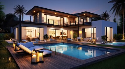 Luxury Home Exterior at Night: Beautiful New House with Large Yard, Outdoor Covered Patio with Kitchen, and Glowing Interior Lights