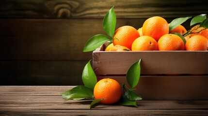 Fresh mandarin oranges fruit or tangerines with leaves in a box on wooden background
