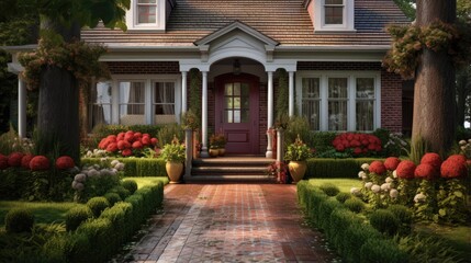 Fototapeta premium Front door of classic home with landscaped front yard and brick path.