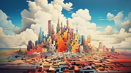 An image of a surreal cityscape, where buildings are made of giant puzzle pieces, floating in the sky and fitting together seamlessly, symbolizing the interconnectedness and harmony of urban li - obrazy, fototapety, plakaty