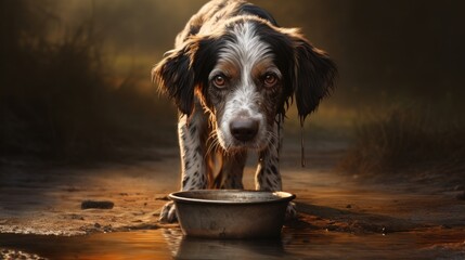 Hungry or thirsty dog fetches metal bowl to get feed or water - obrazy, fototapety, plakaty