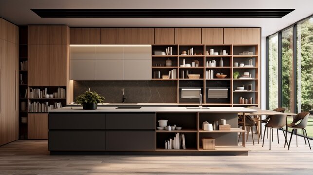 A Designer Kitchen With Open Shelving And Hidden Appliances