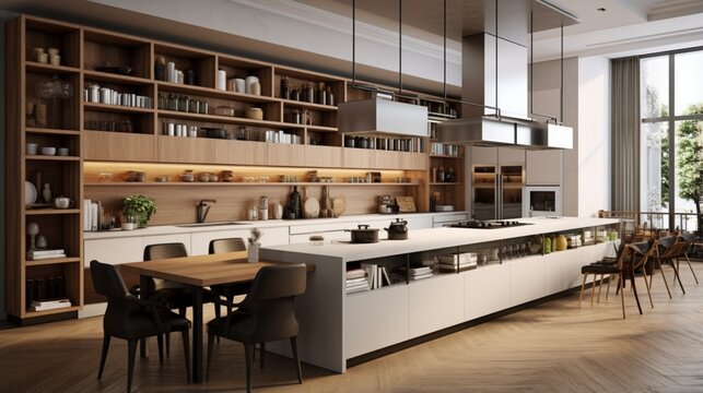 A designer kitchen with open shelving and hidden appliances