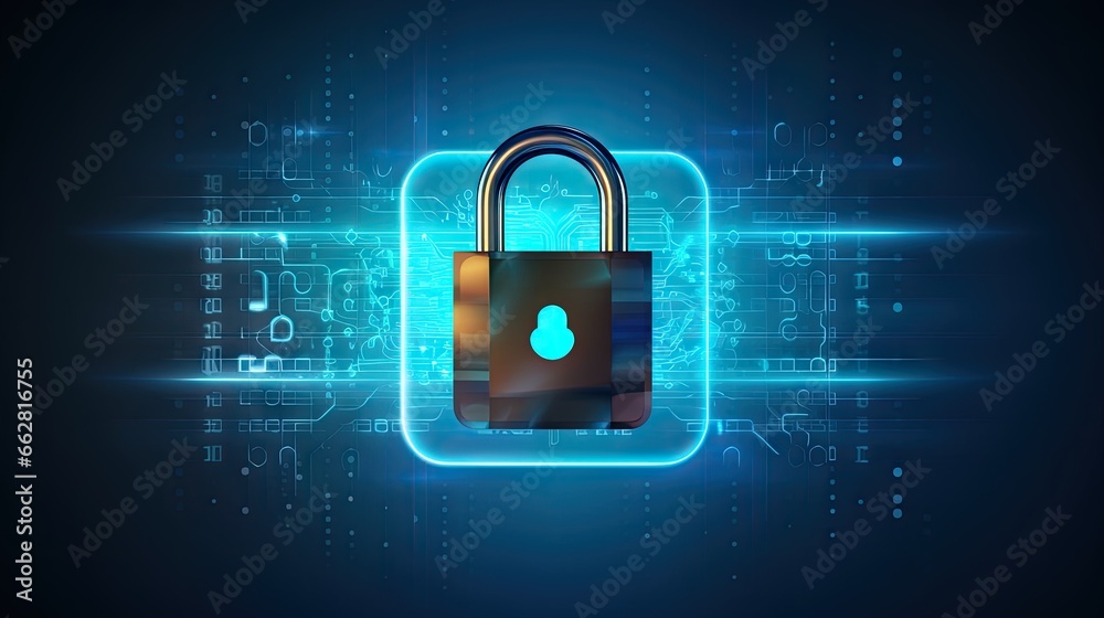 Poster iiluminated padlock icon on blue background. digital data protect. cyber data. information privacy. 