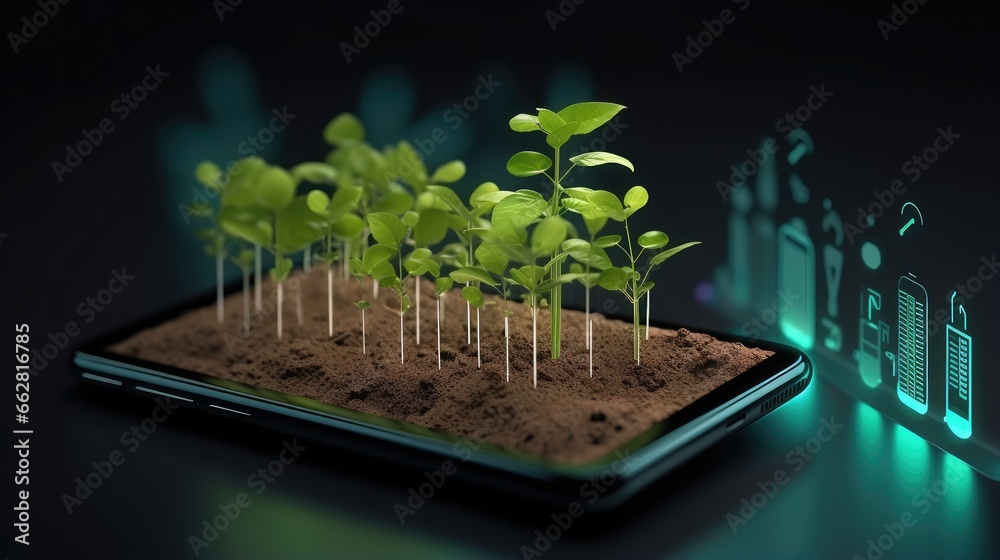 Aufkleber 3d illustration of mobile phone with plant growing data management. digital farming concept isolated