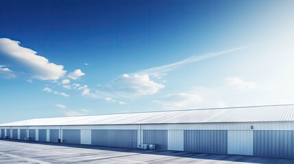 Factory warehouse and industrial concept - Wall and roof of Factory or warehouse building in industrial estate with blue sky and copyspace - obrazy, fototapety, plakaty