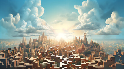 An image of a surreal cityscape, where buildings are made of giant puzzle pieces, floating in the sky and fitting together seamlessly, symbolizing the interconnectedness and harmony of urban li - obrazy, fototapety, plakaty