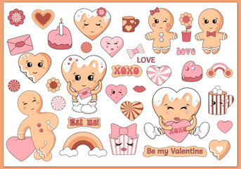 cute cartoon stickers for valentine 's day. cute stickers for valentines day with a cute a heart shape. cartoon characters. vector illustration